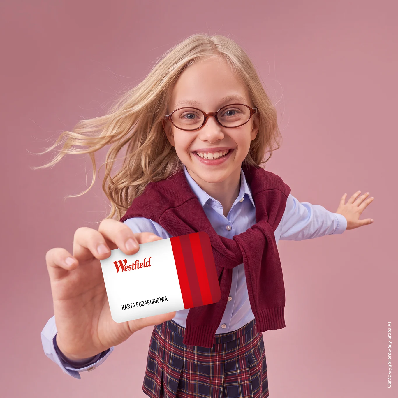 Girl in school look with Westfield gift card.