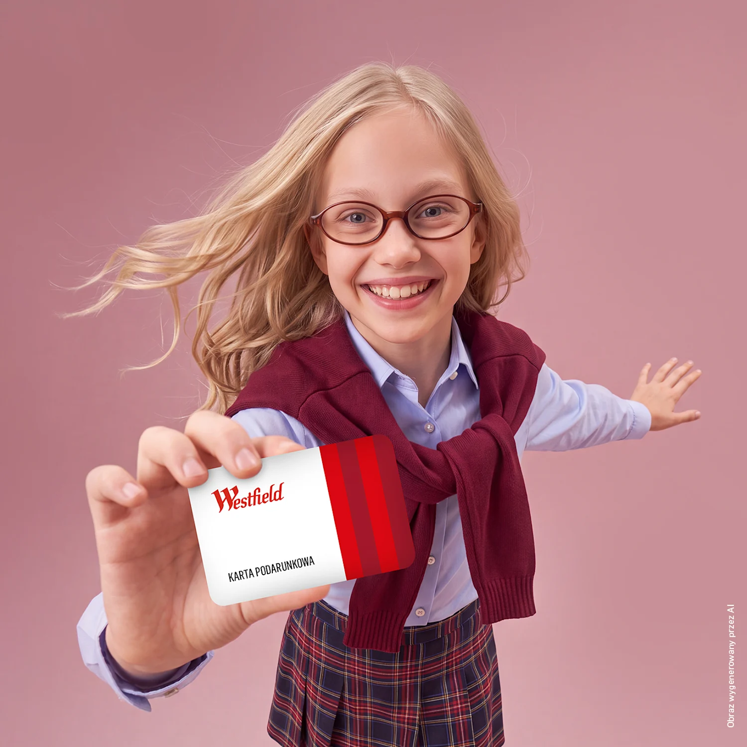 Girl in school look with Westfield gift card.