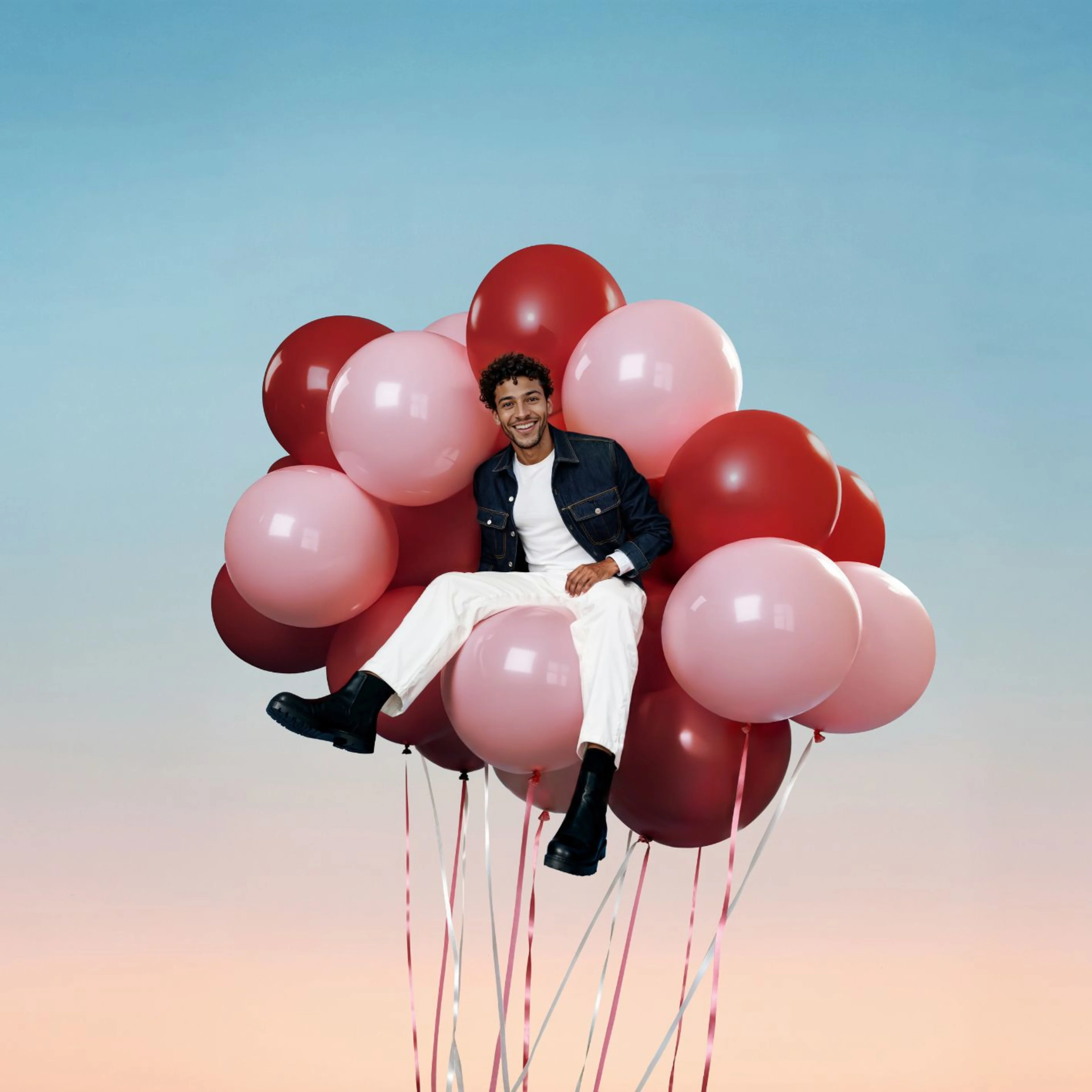 Man floating on balloons