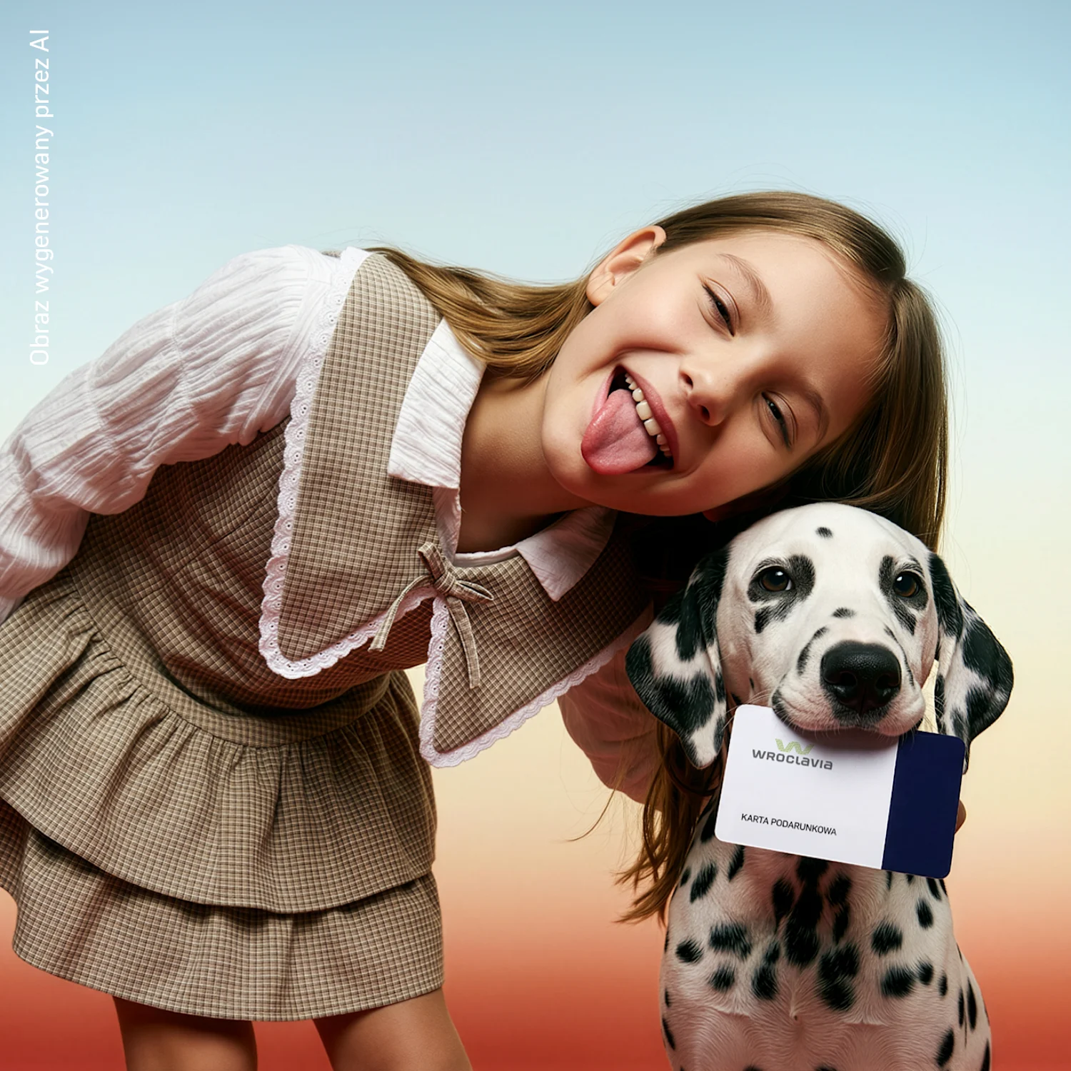 A girl playfully sticking her tongue out next to a Dalmatian dog holding a Wroclavia gift card in its mouth.