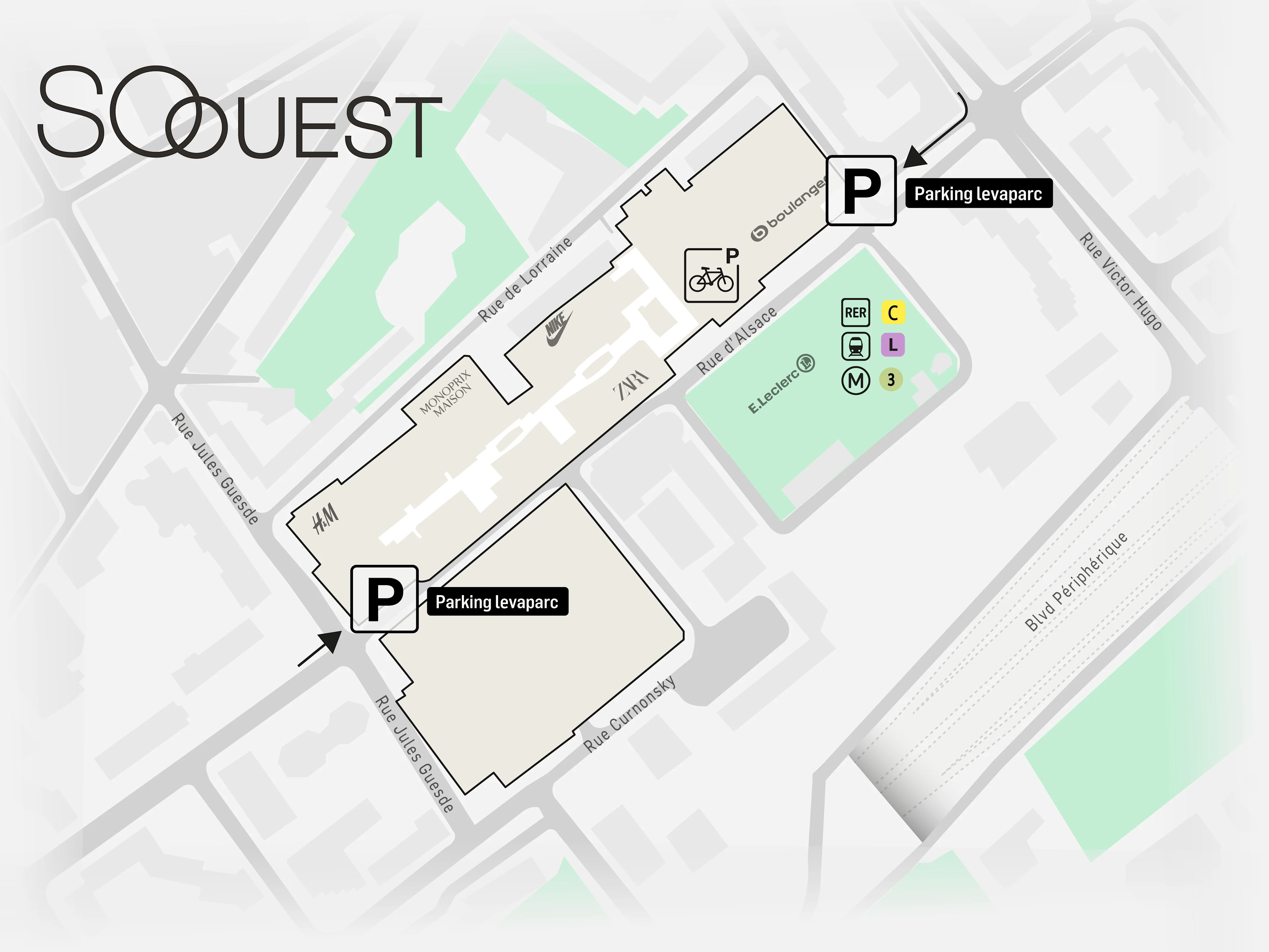 Plan d'accès au parking du centre commercial So Ouest.