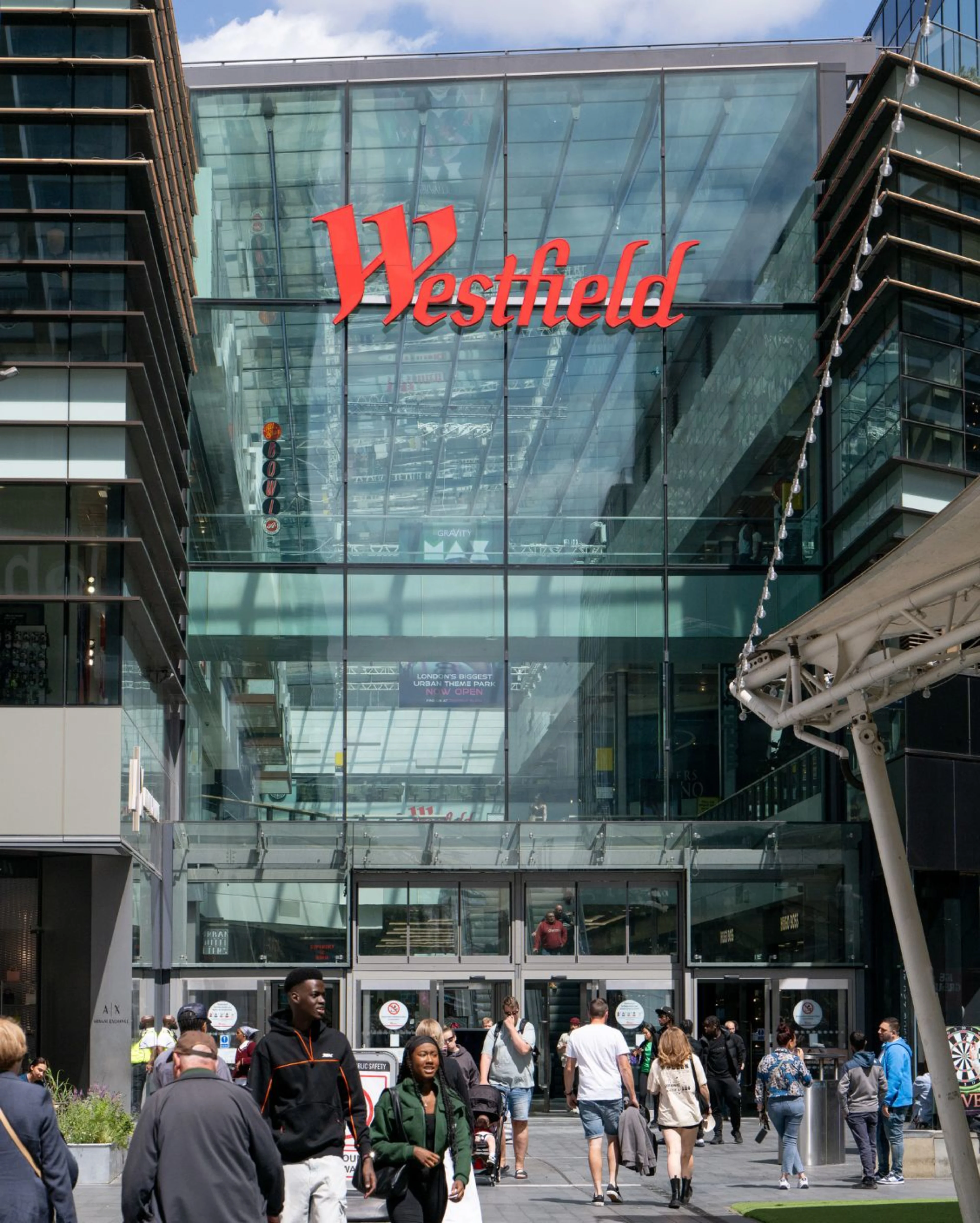 The facade of the shopping center with the Westfield logo.